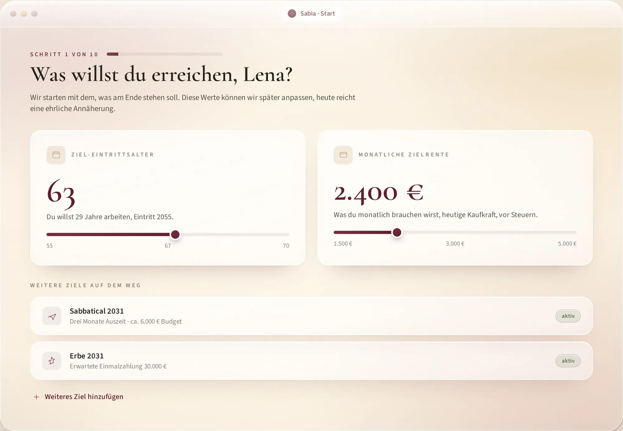 sabiaOS Onboarding — Zielerfassung mit Lena