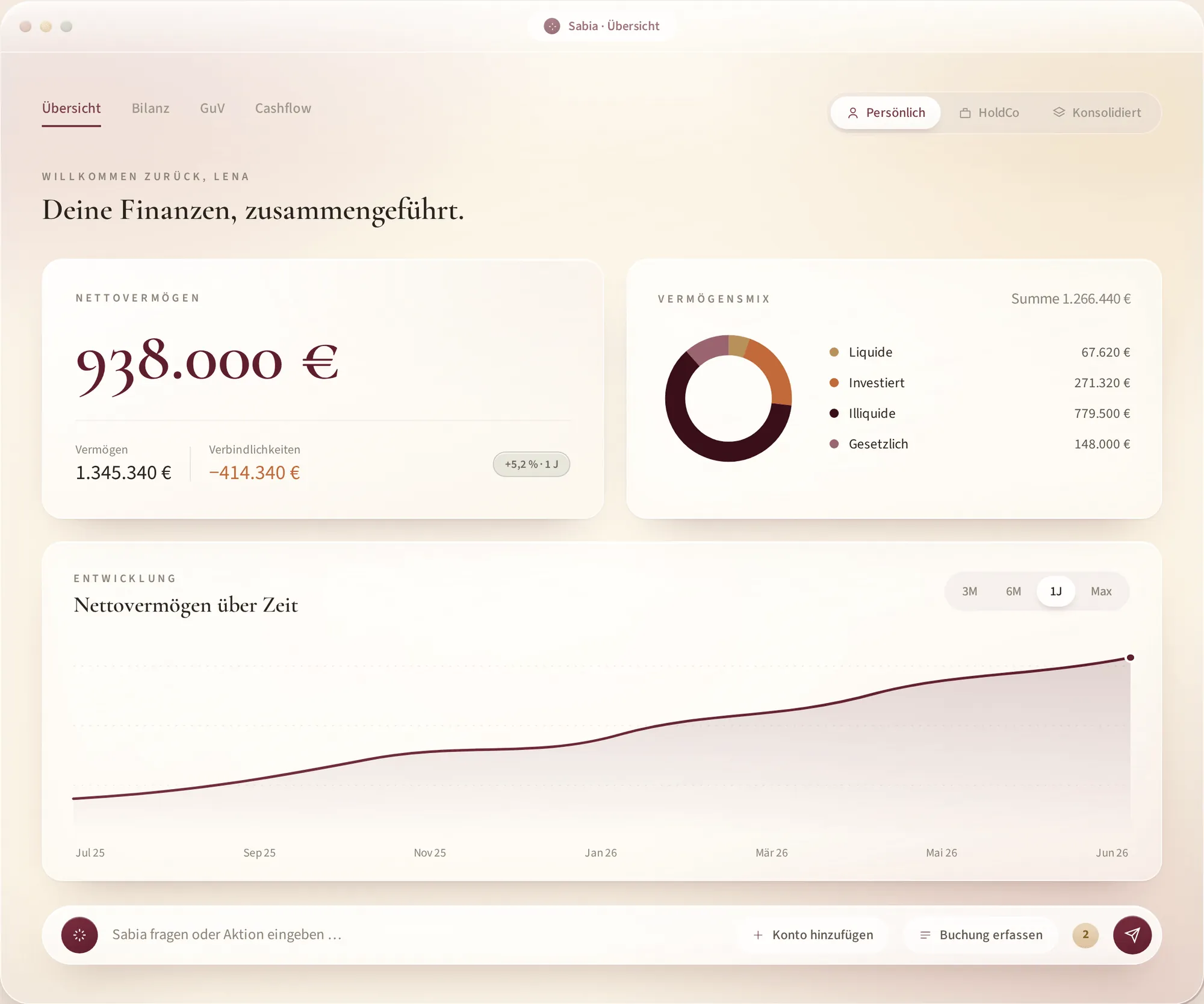 sabiaOS Übersicht — Deine Finanzen, zusammengeführt