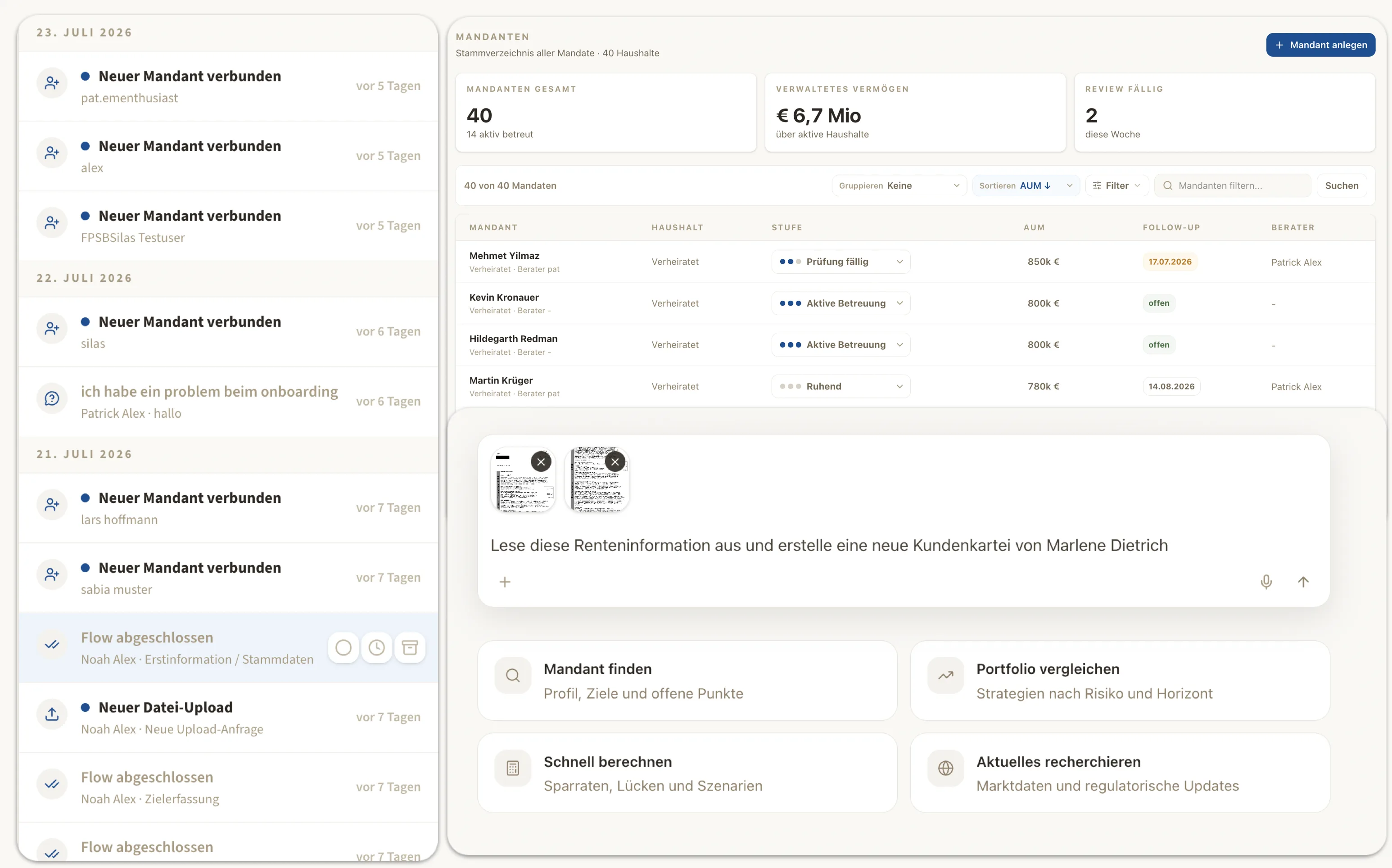 sabiaOS Arbeitsplatz — Mandantenaktivität und Dashboard-Überblick